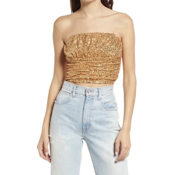 Free People XS Ta Da Sequin Embellished Crop Top Gold No Straps Y2K Party Club - Picture 5 of 16